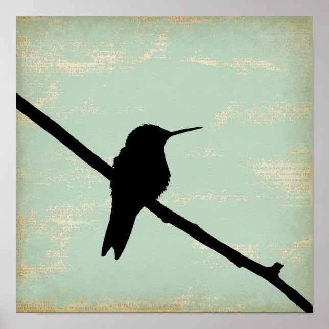 Hummingbird Silhouette on Blue Grunge Background Poster (Front)