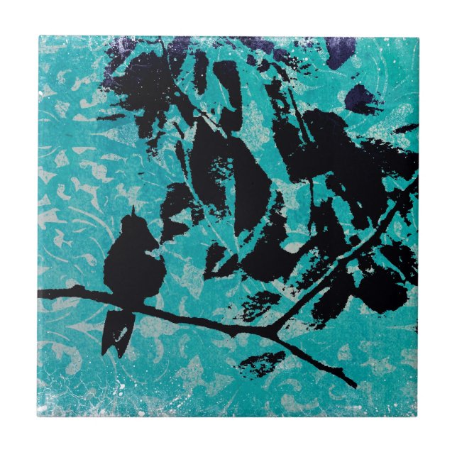Hummingbird Silhouette on Blue Grunge Background Tile (Front)