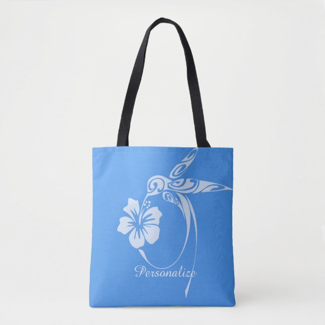 Hummingbird Simple & Elegant Blue & White Tote Bag (Front)
