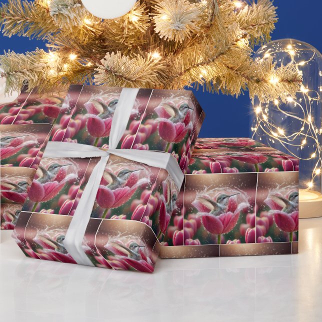Hummingbird Splashing In a Pink Tulip Wrapping Paper (Holidays)