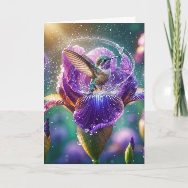 Hummingbird Splashing In a Purple Iris Card (Front)