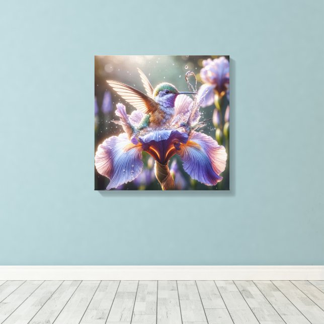 Hummingbird Splashing In An Iris  Canvas Print (Insitu(Wood Floor))