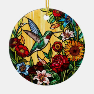 Hummingbird Stained Glass Flower Ceramic Tree Decoration