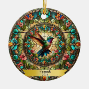 Hummingbird Stained Glass Look Personalised  Ceramic Tree Decoration