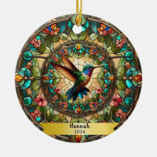 Hummingbird Stained Glass Look Personalised  Ceramic Tree Decoration (Front)