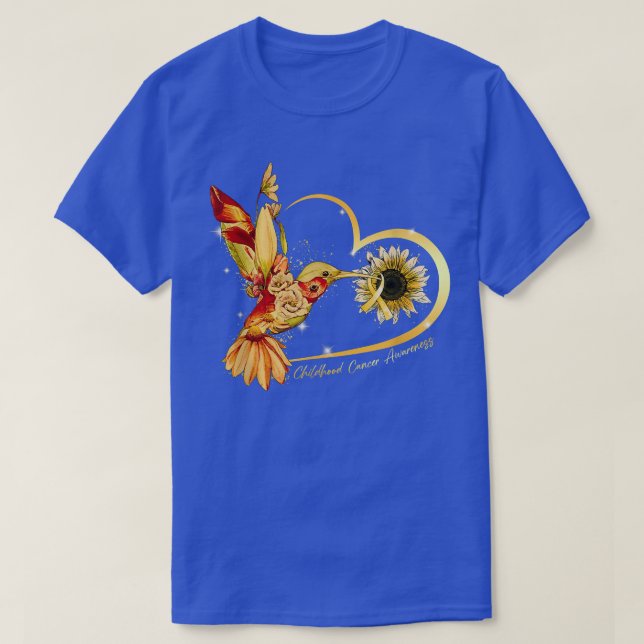 Hummingbird Sunflower Gold Ribbon Childhood Cancer T-Shirt (Design Front)