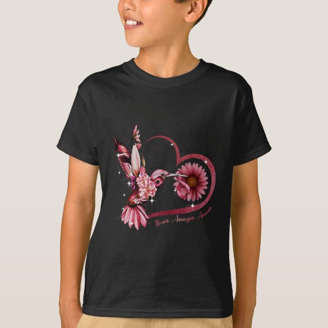 Hummingbird Sunflower Heart Burgundy Ribbon Brain  T-Shirt (Front)