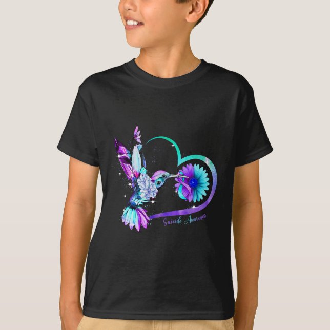Hummingbird Sunflower Heart Purple Ribbon Suicide  T-Shirt (Front)