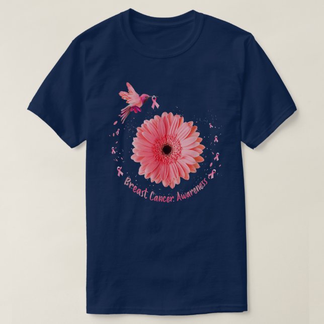 Hummingbird Sunflower Pink Ribbon Breast Cancer Aw T-Shirt (Design Front)