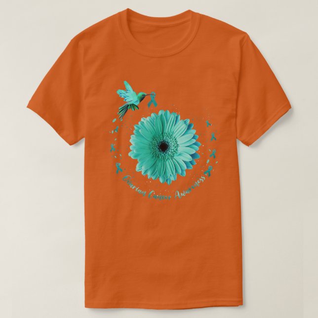 Hummingbird Sunflower Teal Ribbon Ovarian Cancer A T-Shirt (Design Front)