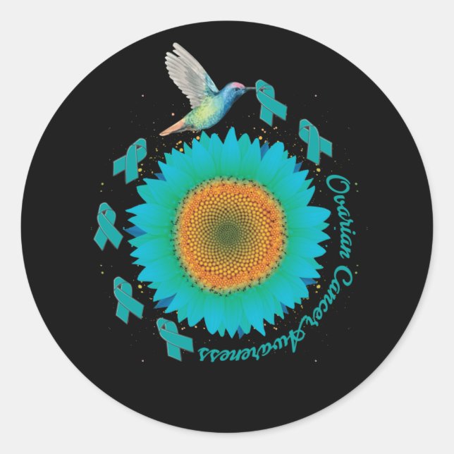 Hummingbird Sunflower Teal Ribbon Ovarian Cancer Classic Round Sticker (Front)
