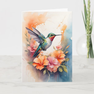 Hummingbird Surrounded by Colourful Flowers Blank Card