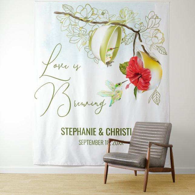 Hummingbird Tea Party Bridal Shower Backdrop Tapestry (In Situ)
