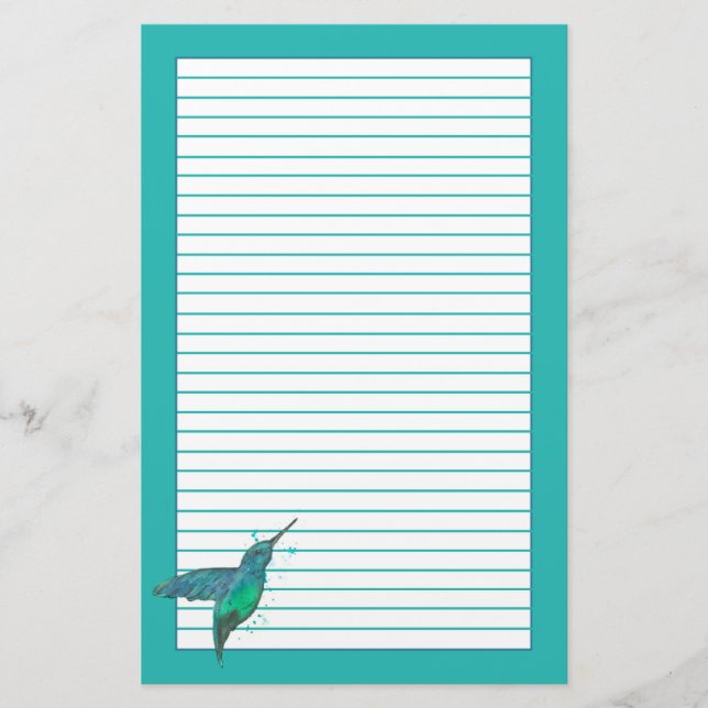 Hummingbird Teal Blue Lined Stationery (Front)