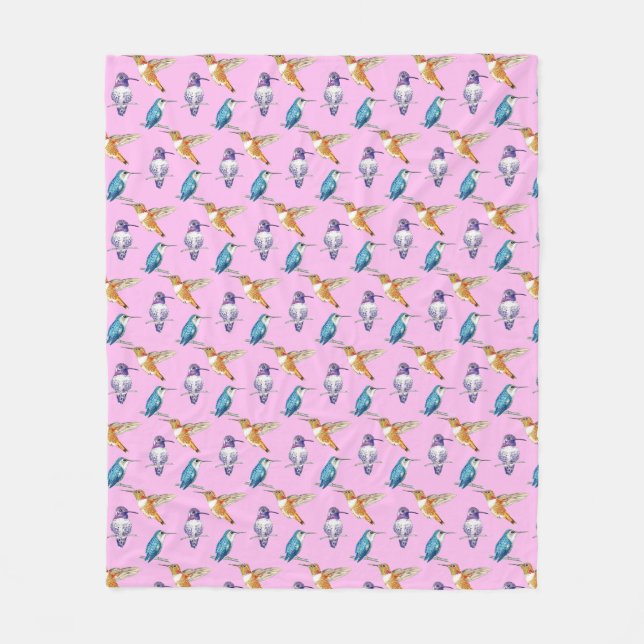 Hummingbird Trio Pink Background Fleece Blanket (Front)