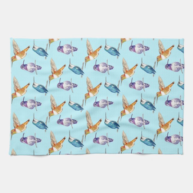 Hummingbird Trio with Aqua Background Tea Towel (Horizontal)