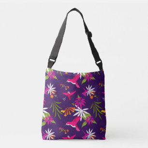 Hummingbird Tropical Flower Purple Pink Patterned Crossbody Bag
