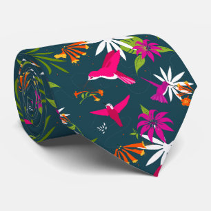 Hummingbird Tropical Flowers and Palms Wedding Tie