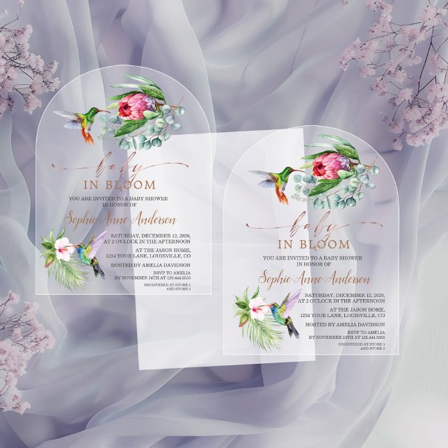 Hummingbird Tropical Flowers Girl Baby in Bloom Acrylic Invitations (Creator Uploaded)