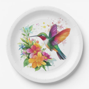 Hummingbird Tropical Flowers Paper Plate
