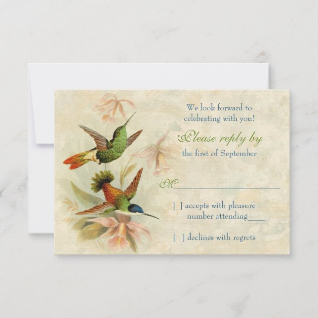 Hummingbird Vintage Floral Wedding RSVP Reply Card (Front)