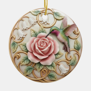 Hummingbird Vintage Victorian Pink Rose Floral Ceramic Tree Decoration