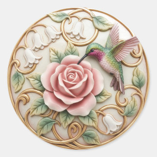 Hummingbird Vintage Victorian Pink Rose Floral Classic Round Sticker