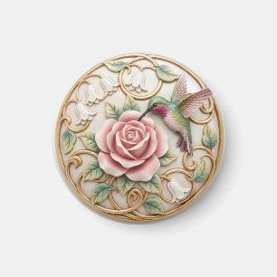 Hummingbird Vintage Victorian Pink Rose Floral Magnet