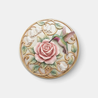 Hummingbird Vintage Victorian Pink Rose Floral Magnet