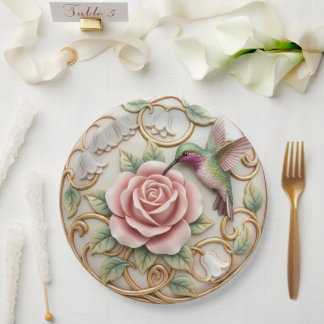 Hummingbird Vintage Victorian Pink Rose Floral Paper Plate