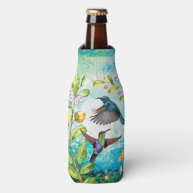 Hummingbird Watercolor Art | Nature Garden Floral Bottle Cooler (Bottle Front)