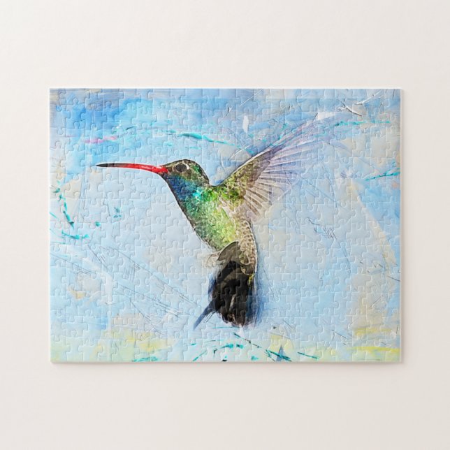 Hummingbird watercolor blue green pretty jigsaw puzzle (Horizontal)