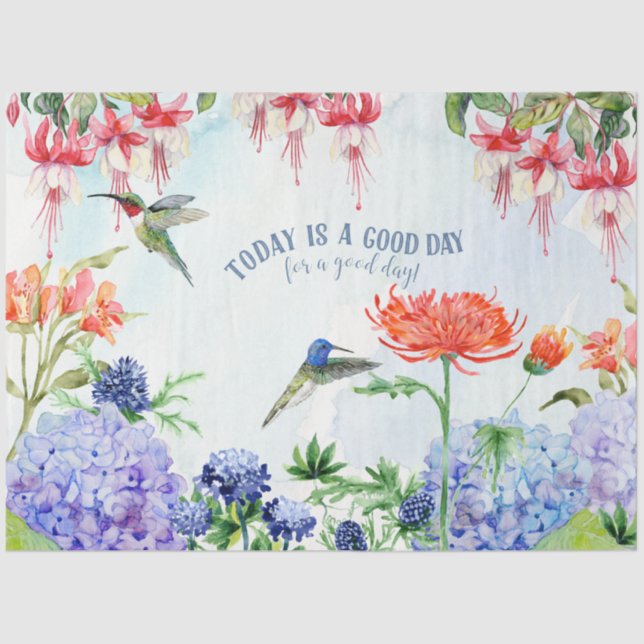 Hummingbird Watercolor Garden Floral Decoupage Tissue Paper (Front)