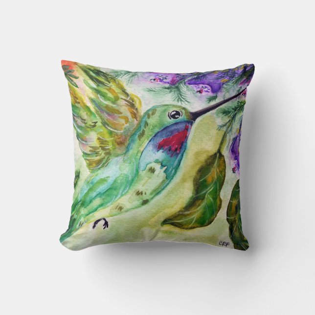 "Hummingbird watercolor" Throw Pillow (Front)