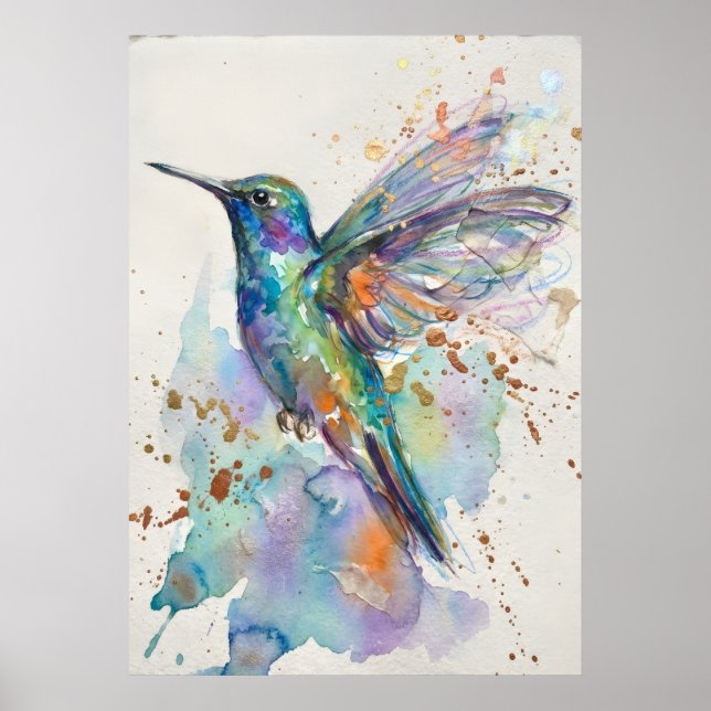 Hummingbird Watercolour Rainbow Iridescent Gold Sp Poster (Front)