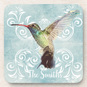 Hummingbird with Flourish Background Coaster