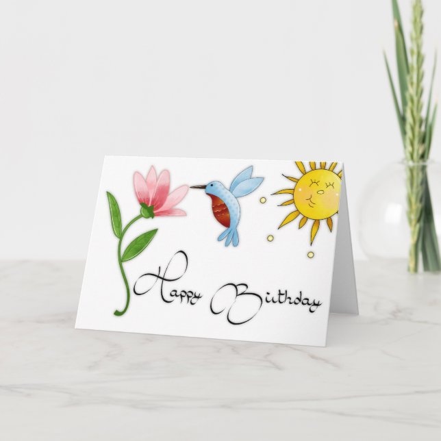 Hummingbird with Flower Happy Birthday Card (Front)