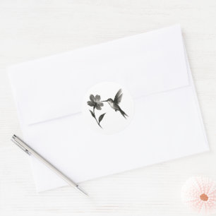 Hummingbird with Flower – Ink Brush Design on Classic Round Sticker