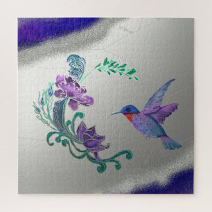 Hummingbird With Flowers on Geode Background Jigsaw Puzzle