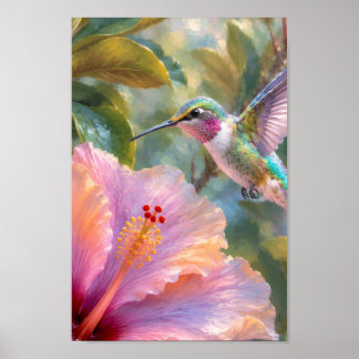Hummingbird with Hibiscus Watercolor Poster