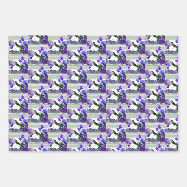 Hummingbird with hydrangeas, roses, purple back wr wrapping paper sheet (Front)