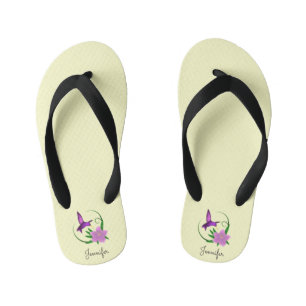 Hummingbird with pink flower name girls kid's jandals