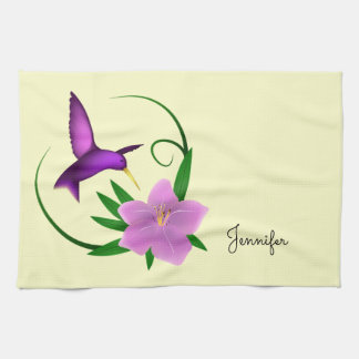 Hummingbird with pink flower tea towel