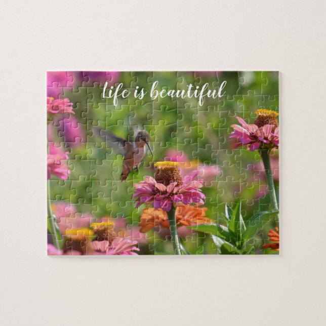 Hummingbird with Zinnia Flowers Jigsaw Puzzle (Horizontal)