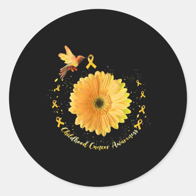 Hummingbird Yellow Sunflower Childhood Cancer Awar Classic Round Sticker (Front)