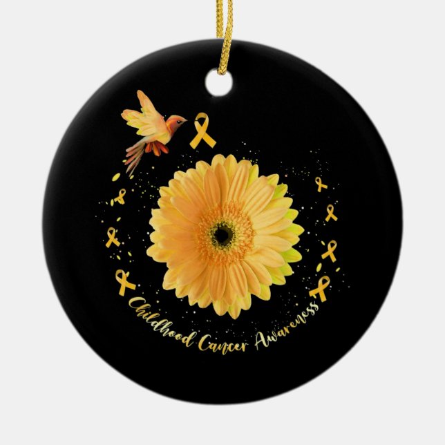Hummingbird Yellow Sunflower Childhood Cancer Ceramic Tree Decoration (Front)
