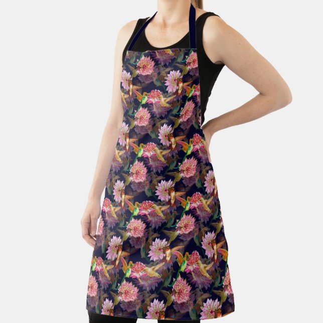 Hummingbirds and Astrantia Watercolor Pattern Apron (Insitu)