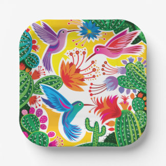 Hummingbirds and Blooming Cacti Paper Plate