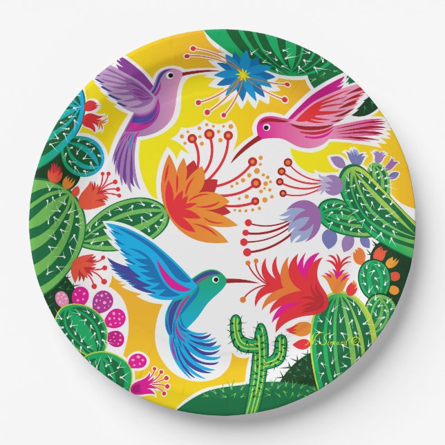 Hummingbirds and Blooming Cacti Paper Plate (Front)