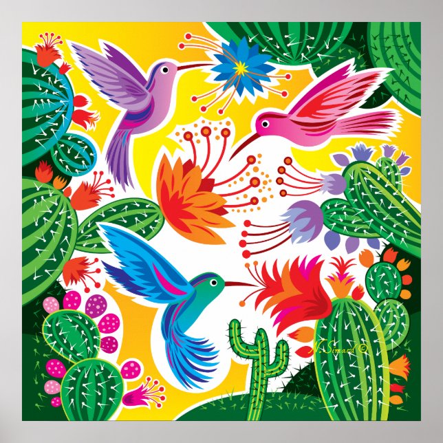 Hummingbirds and Blooming Cacti Poster (Front)